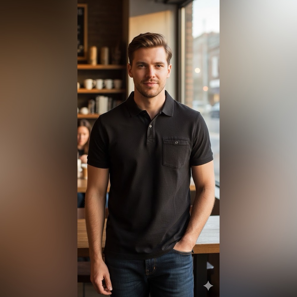 Rock & Republic polo mens shirt  small black collar pocket button short sleeve